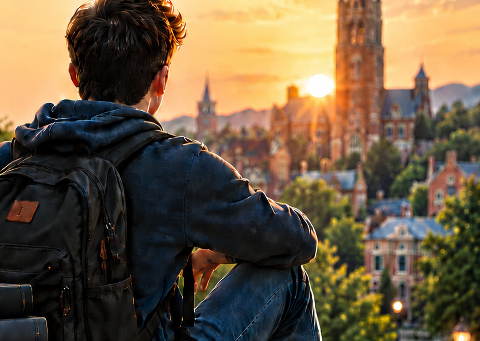 A young man with a backpack looking out over a college campus at sunset