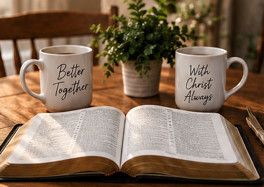 Coffee mugs beside an open Bible on a wooden table, ready for a small group study