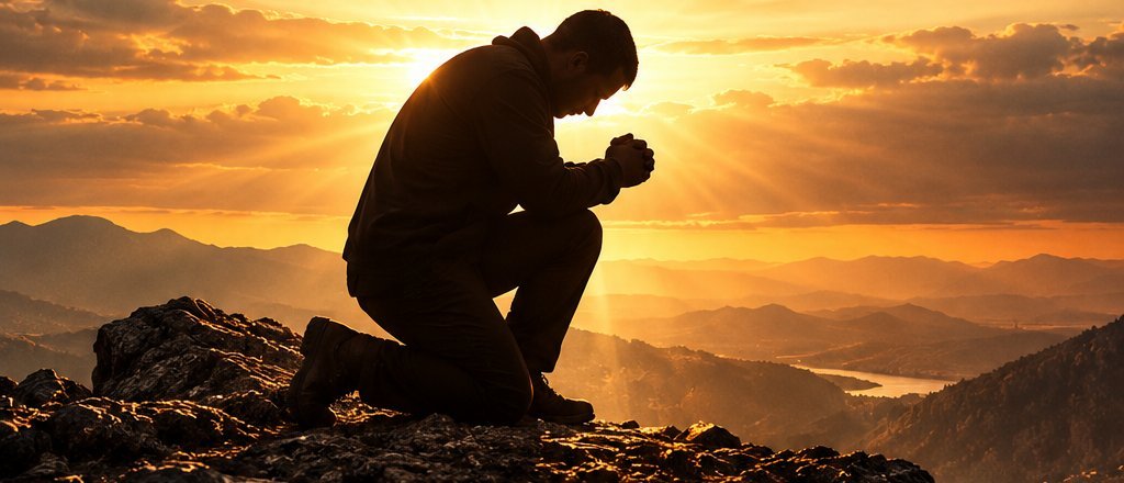 A man kneeling in prayer on a mountaintop at sunrise